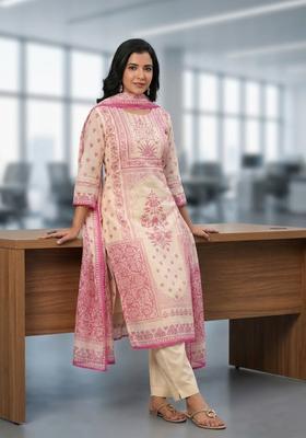 Cream Printed Cotton Kurta Set