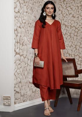 Orange Solid Cotton Kurta Set