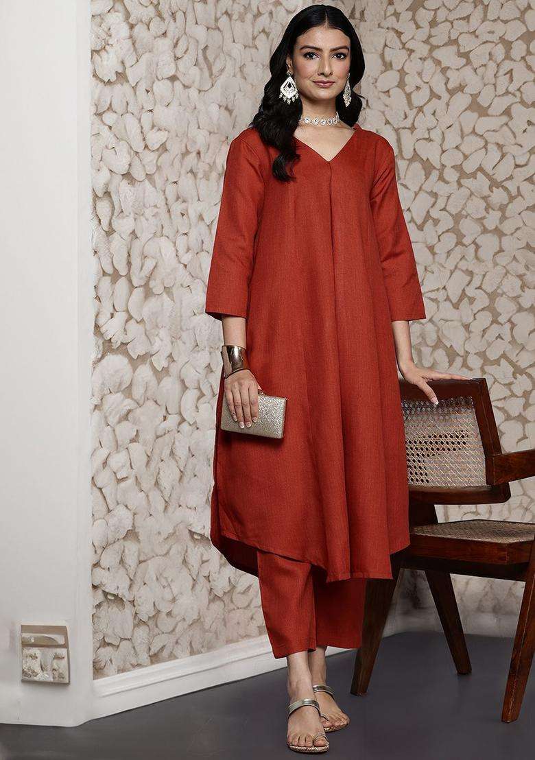 Orange Solid Cotton Kurta Set - Indya
