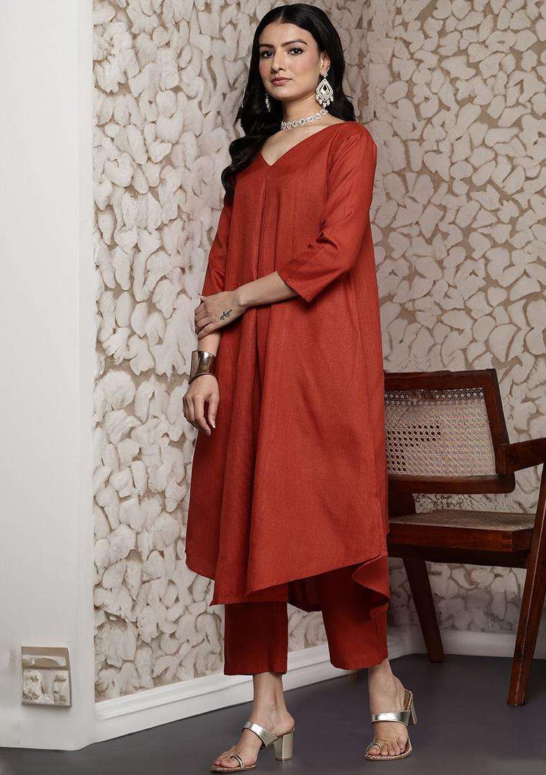 Orange Solid Cotton Kurta Set - Indya