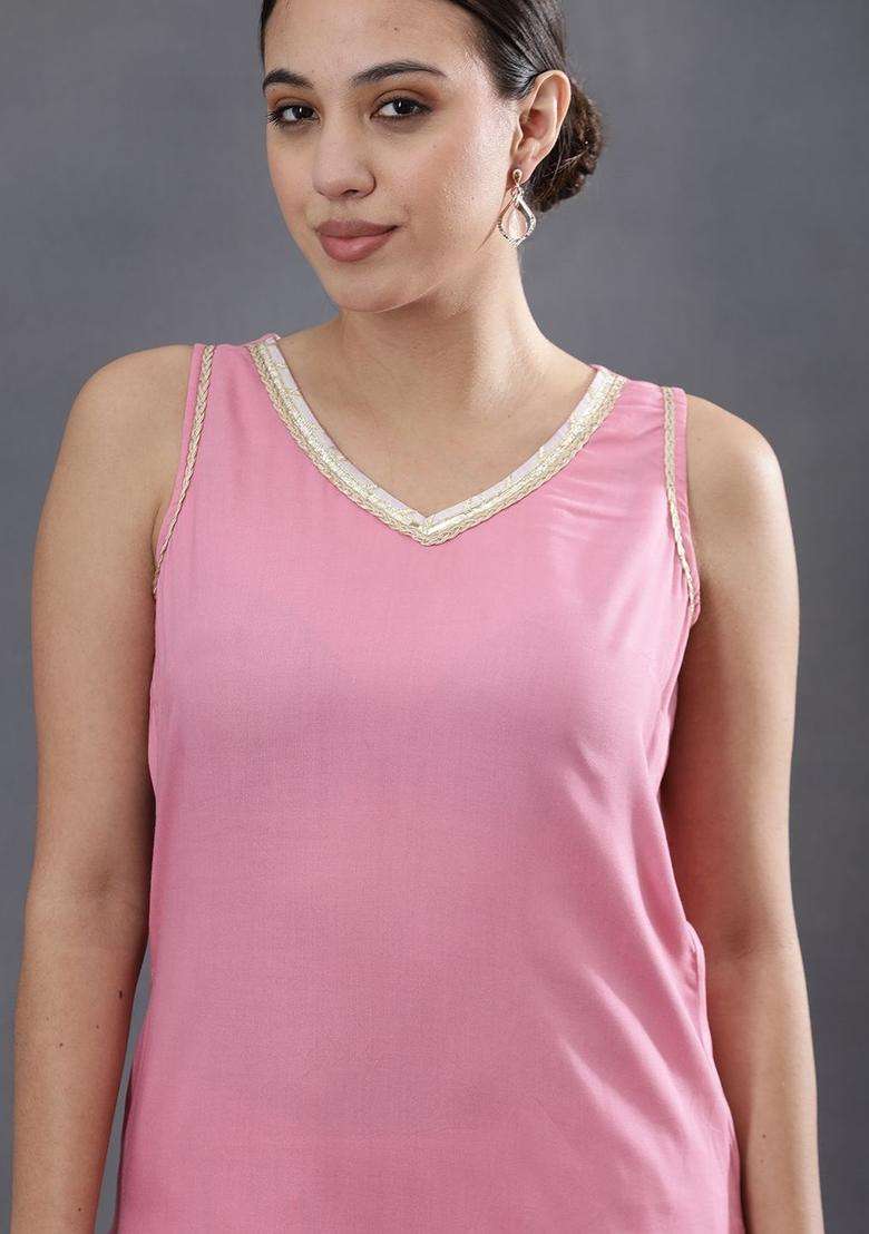 Pink Solid Viscose Kurta Set - Indya