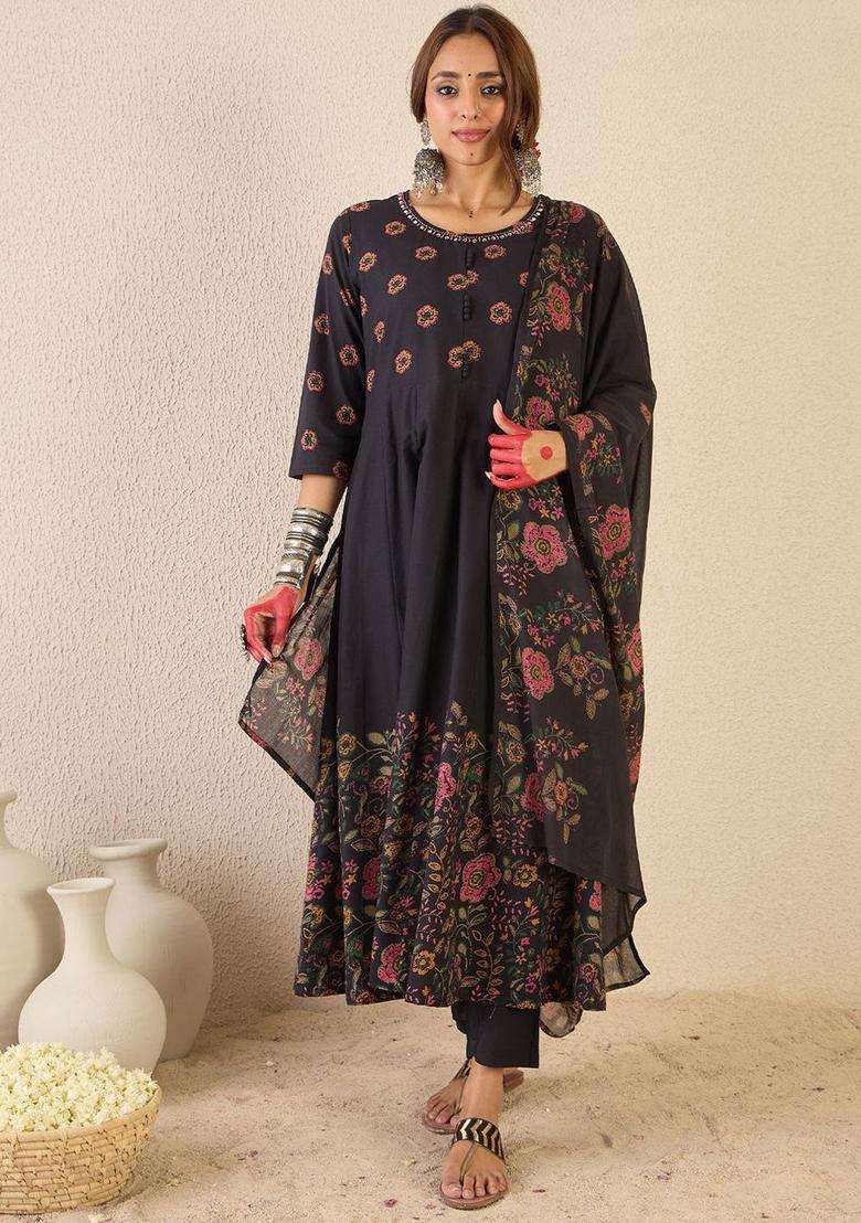 Black Printed Cotton Anarkali Set - Indya