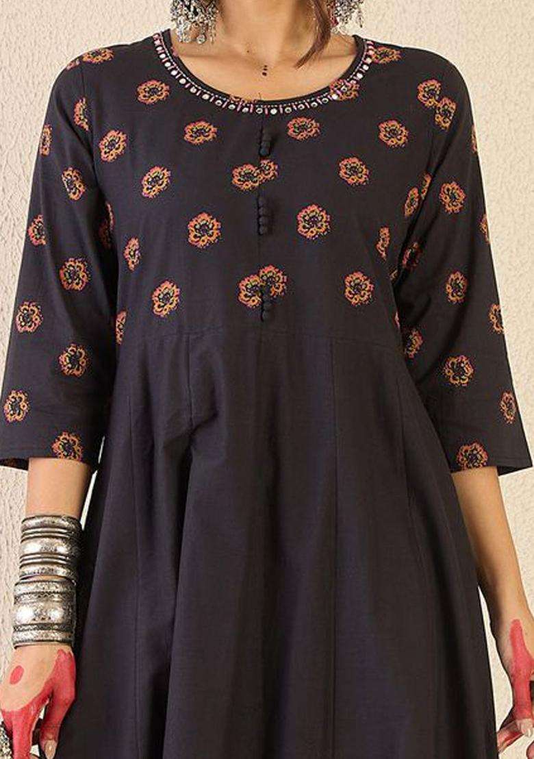 Black Printed Cotton Anarkali Set - Indya