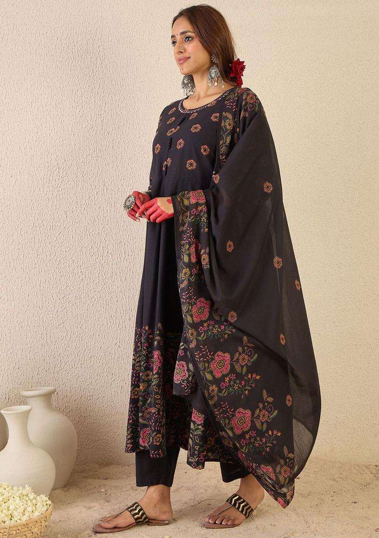 Black Printed Cotton Anarkali Set - Indya