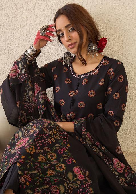 Black Printed Cotton Anarkali Set — view on Indya