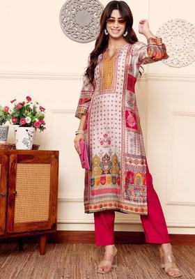Off White Printed Silk Blend Kurta Set