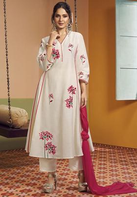 Off White Embroidered Cotton Anarkali Set