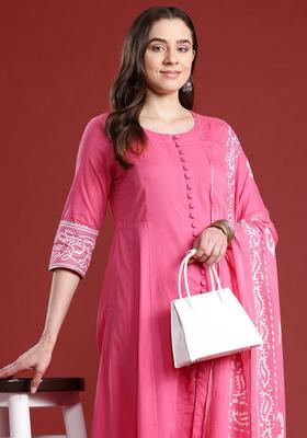 Pink Solid Cotton Anarkali Set