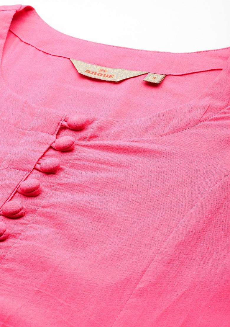Pink Solid Cotton Anarkali Set - Indya