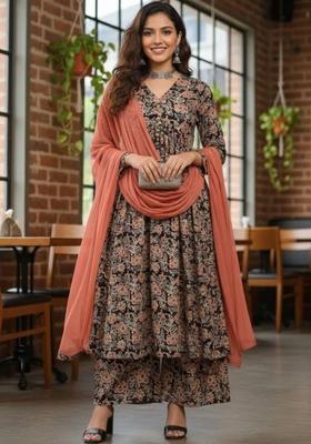 Black Printed Cotton Kurta Set
