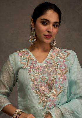 Turquoise Blue Embroidered Cotton Kurta Set