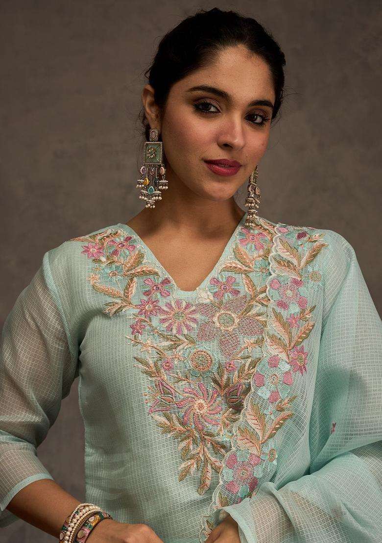 Turquoise Blue Embroidered Cotton Kurta Set - Indya
