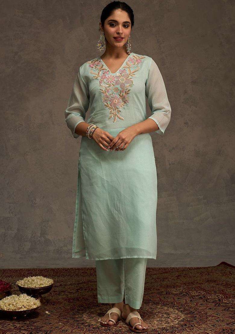 Turquoise Blue Embroidered Cotton Kurta Set - Indya