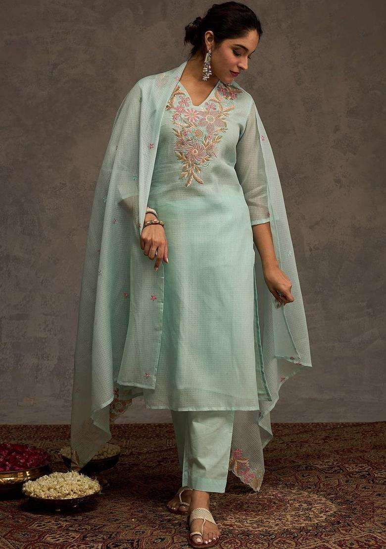 Turquoise Blue Embroidered Cotton Kurta Set - Indya