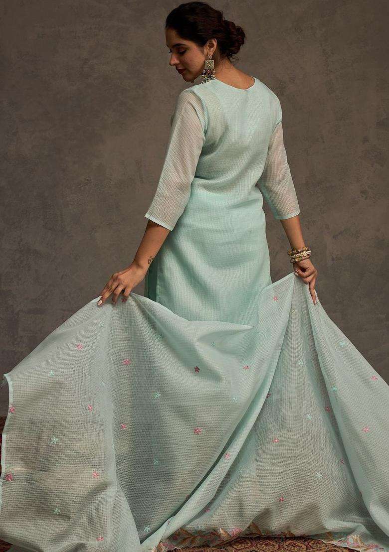 Turquoise Blue Embroidered Cotton Kurta Set - Indya