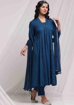 Teal Embroidered Viscose Anarkali Set