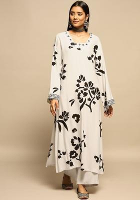Off White Printed Viscose Kurta Set