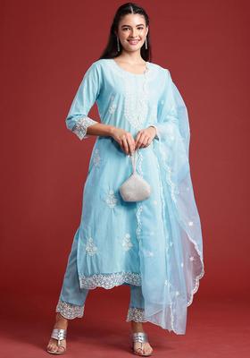 Turquoise Blue Embroidered Cotton Kurta Set