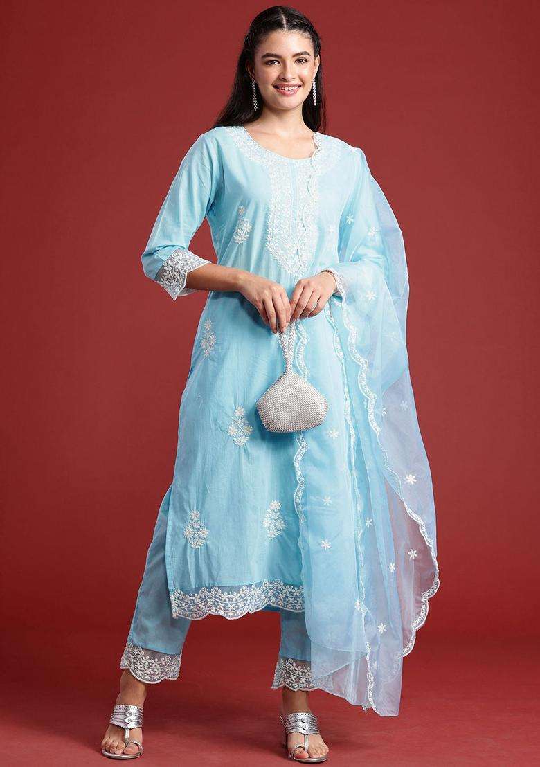 Turquoise Blue Embroidered Cotton Kurta Set - Indya