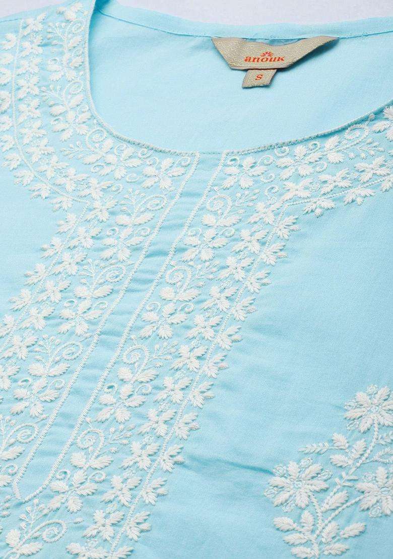 Turquoise Blue Embroidered Cotton Kurta Set - Indya