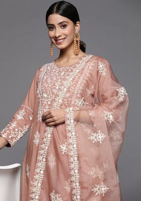 Peach Embroidered Cotton Kurta Set