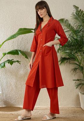 Red Solid Cotton Kurta Set