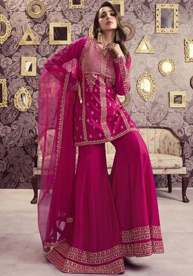 Magenta Embroidered Silk Sharara Set