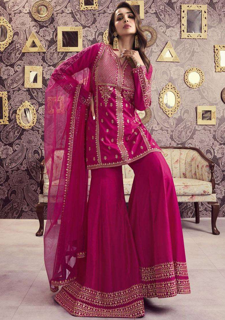 Magenta Embroidered Silk Sharara Set - Indya