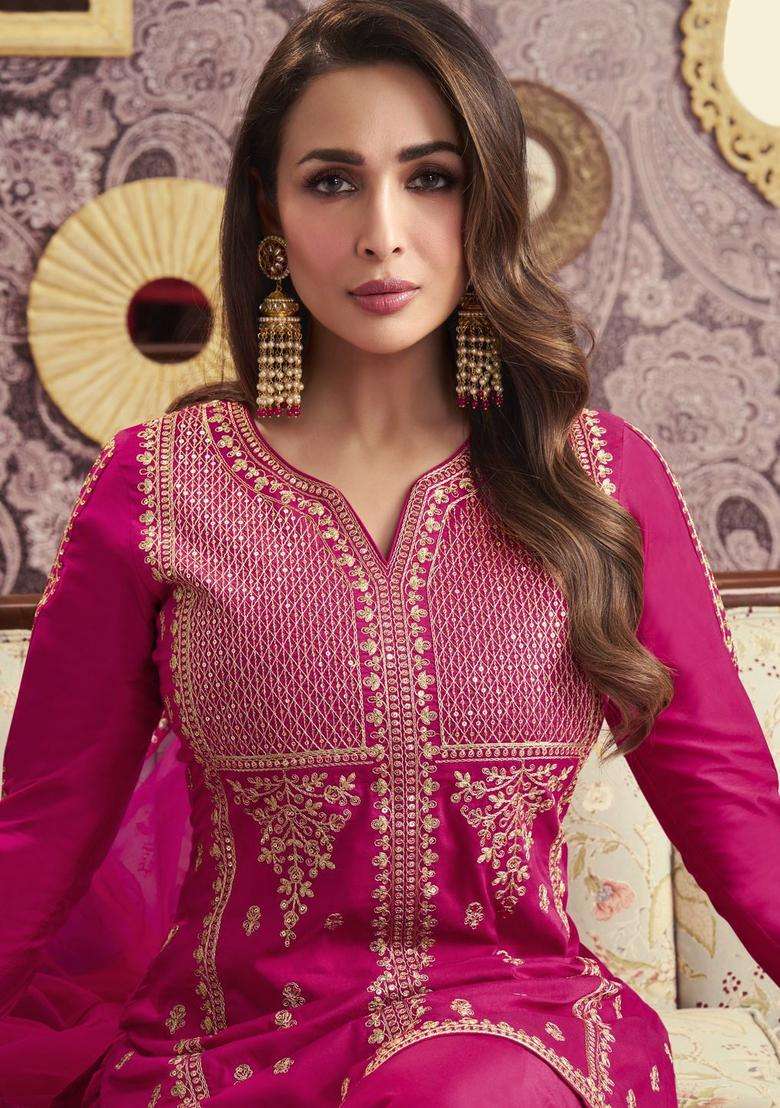 Magenta Embroidered Silk Sharara Set - Indya