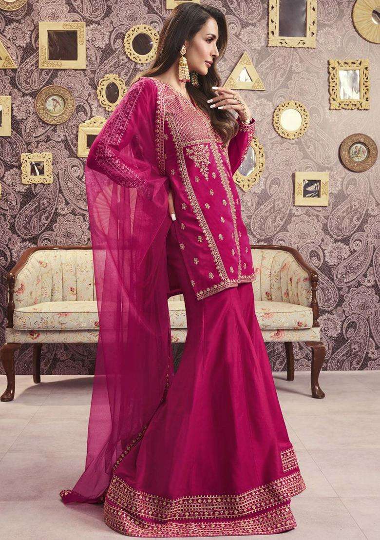 Magenta Embroidered Silk Sharara Set - Indya