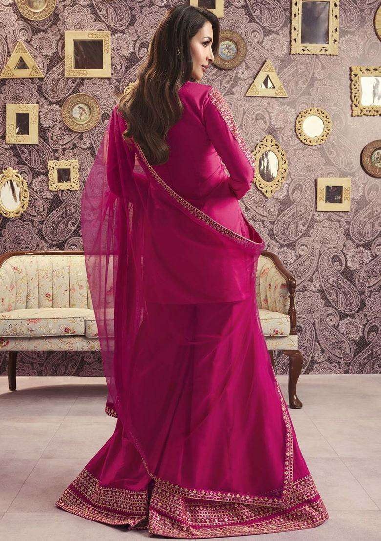 Magenta Embroidered Silk Sharara Set - Indya
