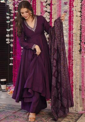 Purple Embroidered Polyester Kurta Set