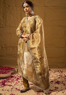 Mustard Printed Silk Blend Kurta Set