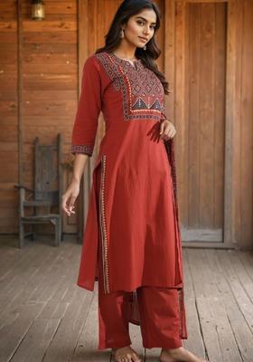 Rust Printed Cotton Kurta Set