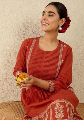 Rust Embroidered Cotton Kurta Set