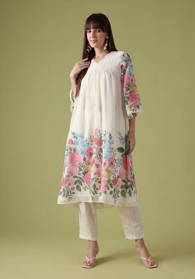 Off White Printed Polyester Anarkali Set