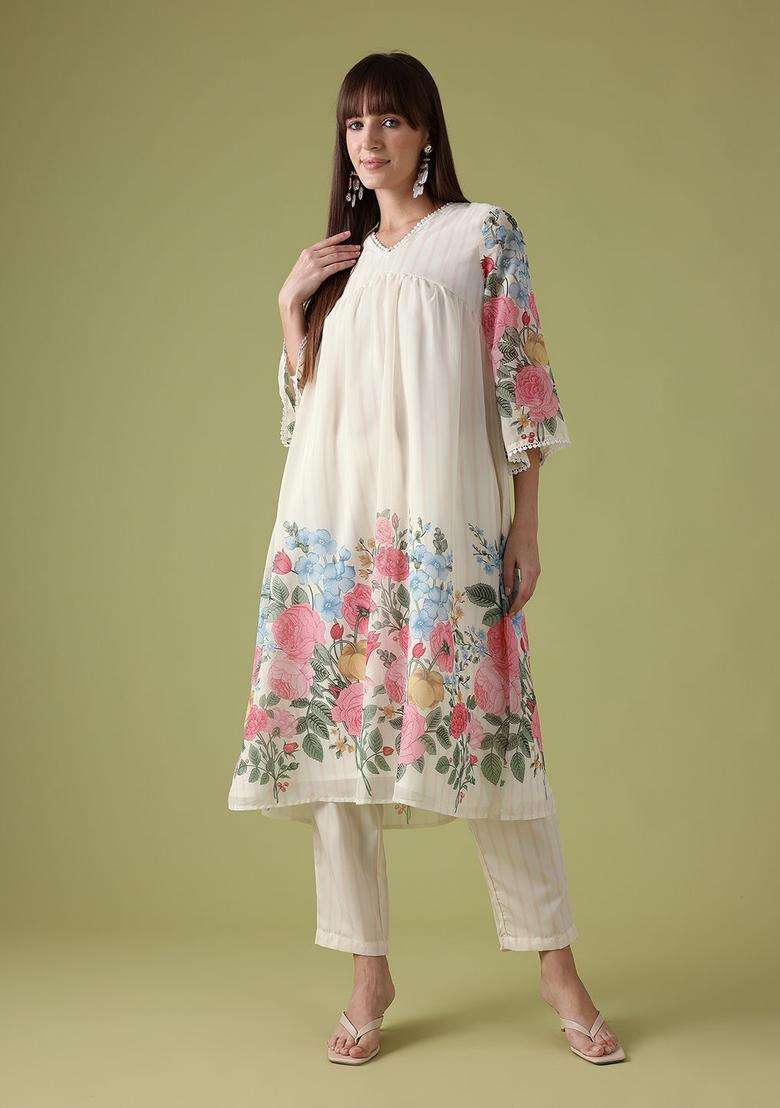 Off White Printed Polyester Anarkali Set - Indya