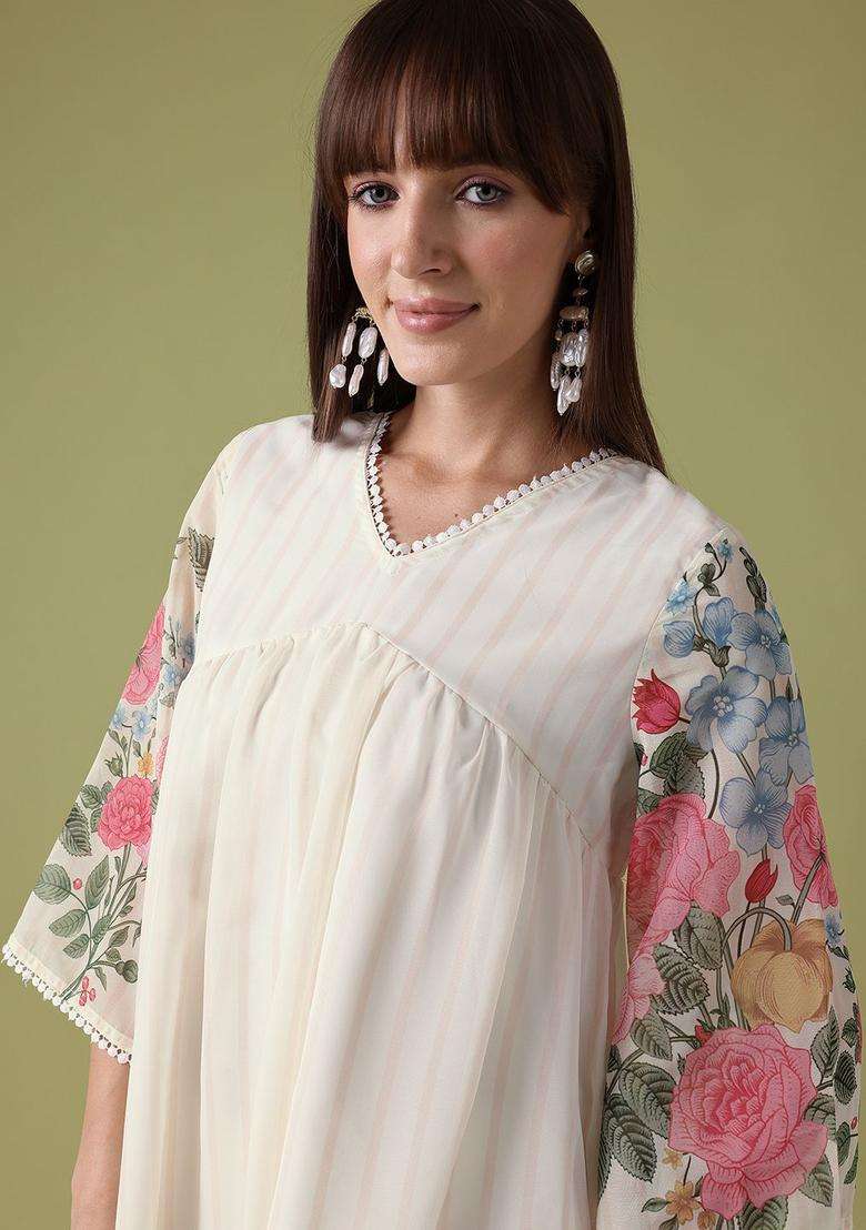 Off White Printed Polyester Anarkali Set - Indya