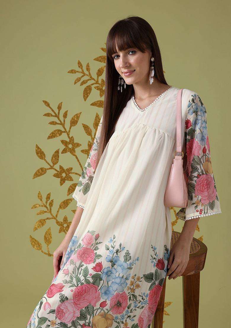 Off White Printed Polyester Anarkali Set - Indya