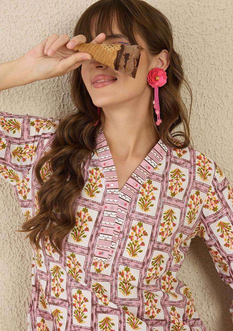 Lavender Printed Cotton Kurta Set - Indya