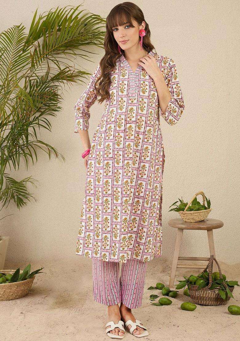 Lavender Printed Cotton Kurta Set - Indya