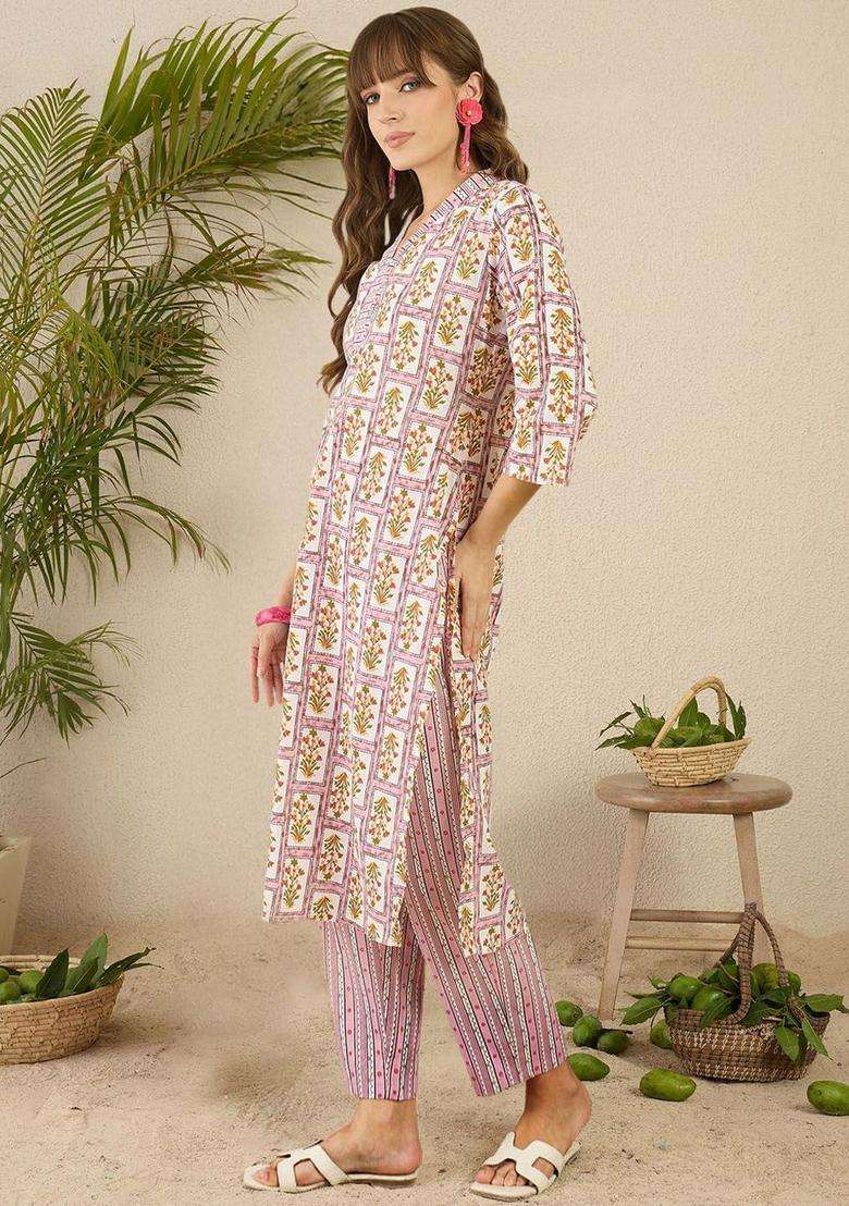 Lavender Printed Cotton Kurta Set - Indya