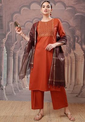 Rust Embroidered Polyester Kurta Set