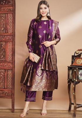 Purple Woven Design Silk Blend Kurta Set