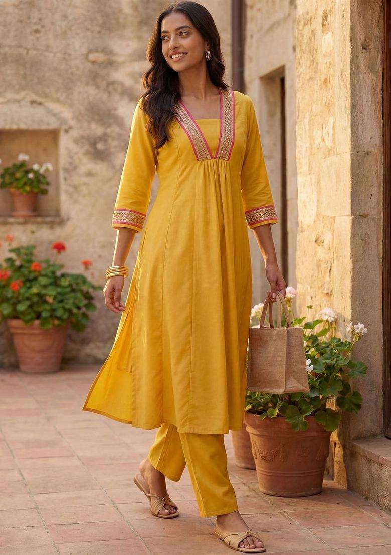 Yellow Solid Cotton Kurta Set - Indya