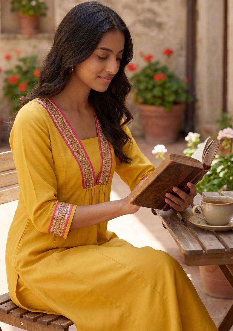 Yellow Solid Cotton Kurta Set - Indya