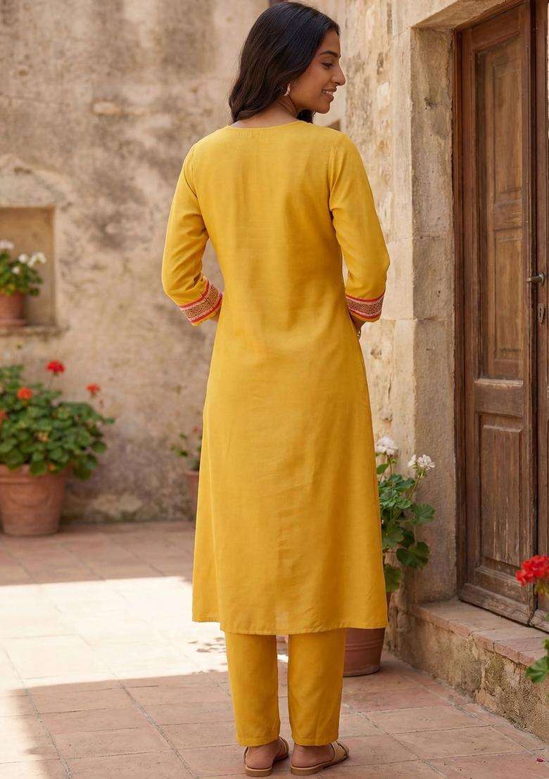 Yellow Solid Cotton Kurta Set - Indya