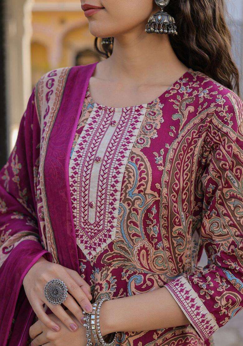 Lavender Printed Cotton Kurta Set - Indya