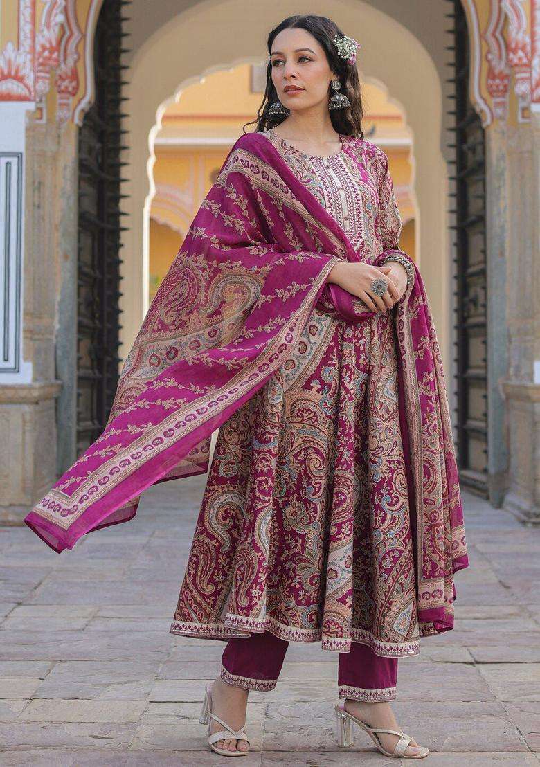 Lavender Printed Cotton Kurta Set - Indya