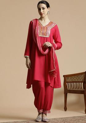 Pink Embroidered Viscose Anarkali Set